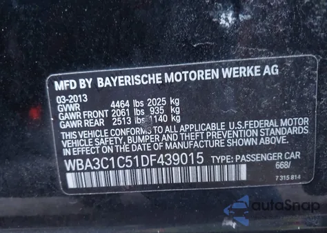 2013 BMW 328I from USA, damaged, VIN WBA3C1C51DF439015